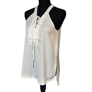 Anthropologie Bishop + Young White High Neck Silky Lace Up Tank